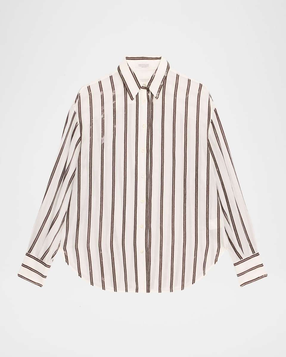 Sequined Stripe Button Down Gauze Blouse